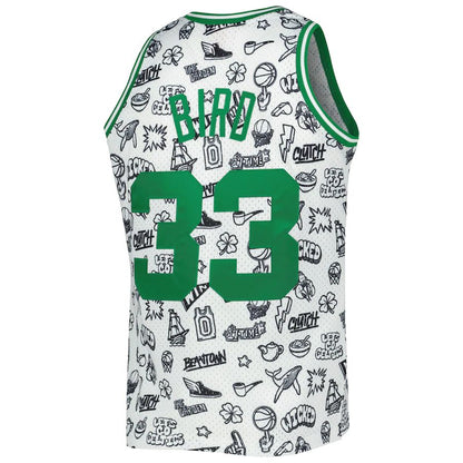 B.Celtics #33 Larry Bird Mitchell & Ness 1985-86 Hardwood Classics Doodle Swingman Jersey White Stitched American Basketball Jersey UNEC