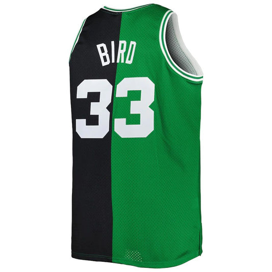 B.Celtics #33 Larry Bird Mitchell & Ness Big & Tall Hardwood Classics 1985-86 Split Swingman Jersey  Black Kelly Green Stitched American Basketball Jersey UNEC