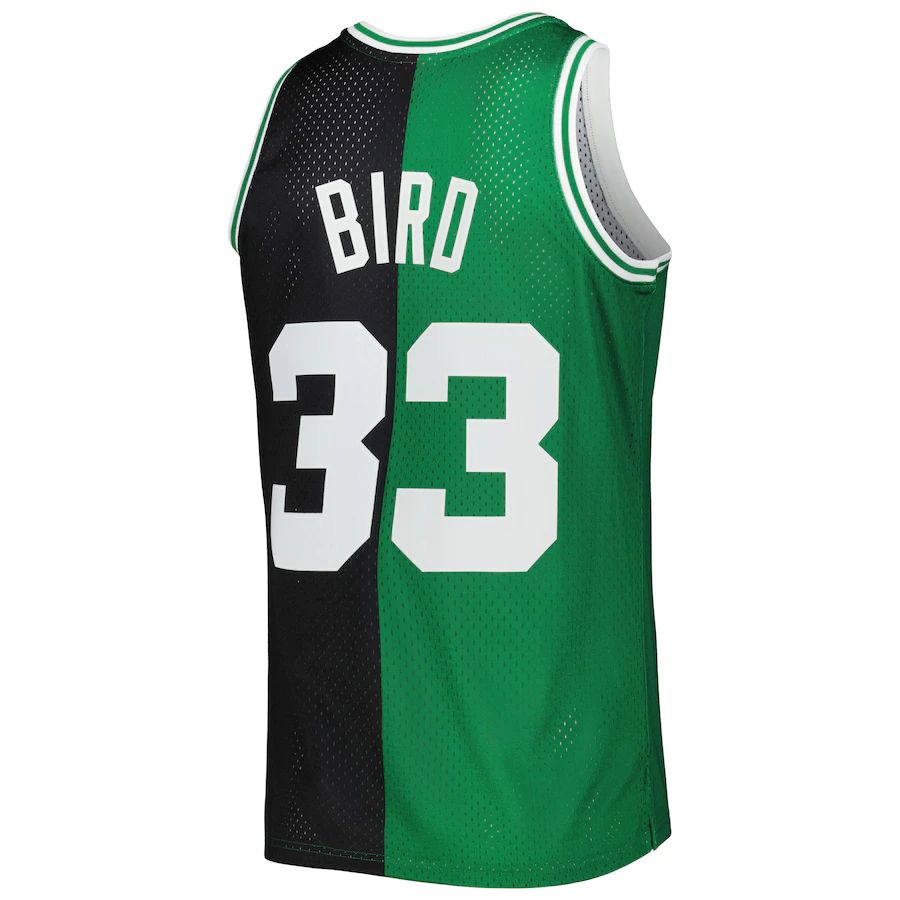 B.Celtics #33 Larry Bird Mitchell & Ness Hardwood Classics 1985-86 Split Swingman Jersey Black Kelly Green Stitched American Basketball Jersey UNEC