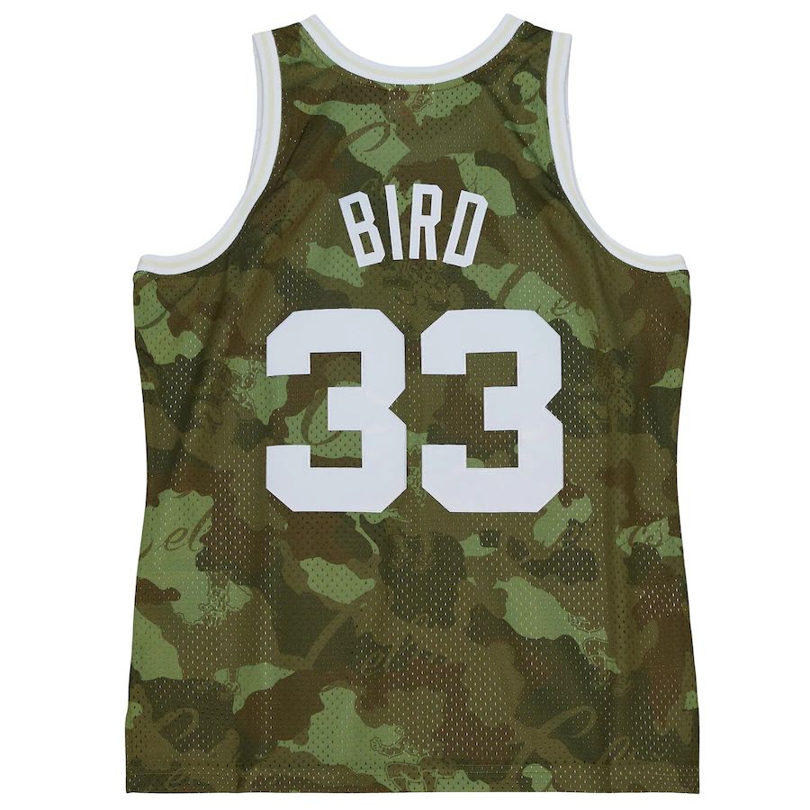B.Celtics #33 Larry Bird Mitchell & Ness Unisex Hardwood Classics 1985-86 Ghost Green Swingman Jersey  Camo Stitched American Basketball Jersey UNEC