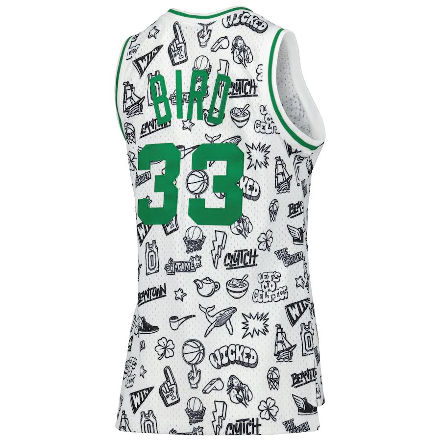 B.Celtics #33 Larry Bird Mitchell & Ness 1985 Doodle Swingman Jersey White Stitched American Basketball Jersey UNEC