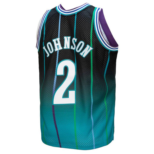 C.Hornets #2 Larry Johnson Mitchell & Ness 1992-93 Hardwood Classics Fadeaway Swingman Player Jersey Teal Black Stitched American Basketball Jersey UNEC