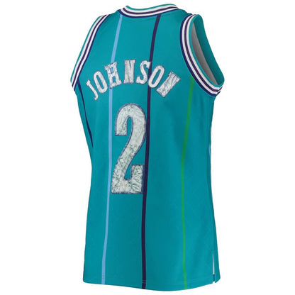 C.Hornets #2 Larry Johnson Mitchell & Ness 1996-97 Hardwood Classics 75th Anniversary Diamond Swingman Jersey Teal Stitched American Basketball Jersey UNEC