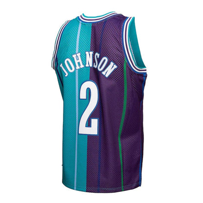 C.Hornets #2 Larry Johnson Mitchell & Ness Hardwood Classics 1992-93 Split Swingman Jersey Teal Purple Stitched American Basketball Jersey UNEC
