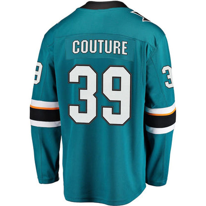 SJ.Sharks #39 Logan Couture Fanatics Branded 2021-22 Home Premier Breakaway Player Jersey Teal Stitched American Hockey Jersey UNEC