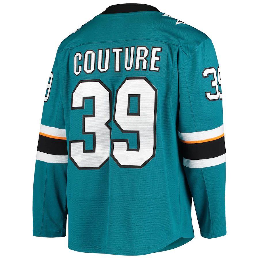 SJ.Sharks #39 Logan Couture Fanatics Branded Home Alternate Captain Premier Breakaway Player Jersey Teal Stitched American Hockey Jersey UNEC