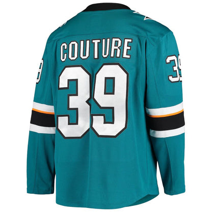 SJ.Sharks #39 Logan Couture Fanatics Branded Home Alternate Captain Premier Breakaway Player Jersey Teal Stitched American Hockey Jersey UNEC