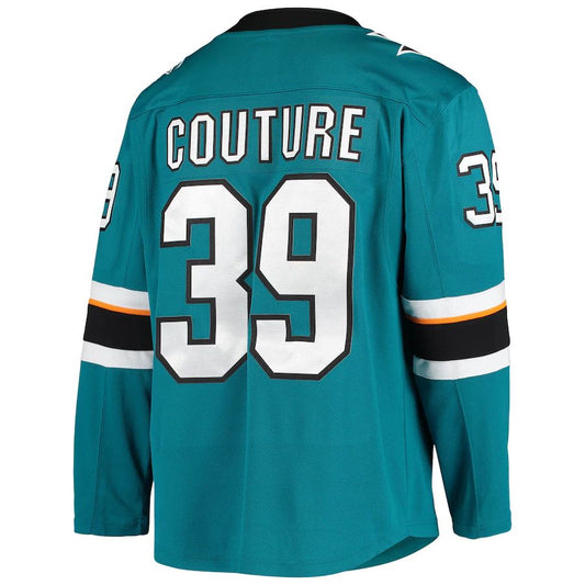 SJ.Sharks #39 Logan Couture Fanatics Branded Home Alternate Captain Premier Breakaway Player Jersey Teal Stitched American Hockey Jersey UNEC