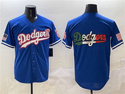 Los Angeles Dodgers Team Big Logo Royal With American Flag Patch Limited Stitched Baseball Jersey