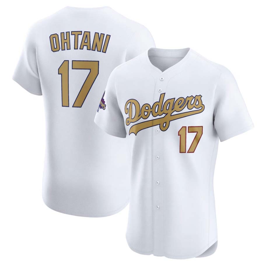 Los Angeles Dodgers #17 Shohei Ohtani White 2025 Gold Collection Elite Stitched Baseball Jersey
