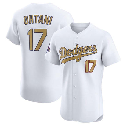 Los Angeles Dodgers #17 Shohei Ohtani White 2025 Gold Collection Elite Stitched Baseball Jersey