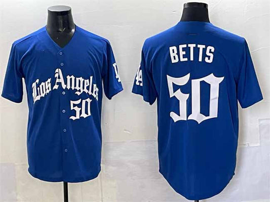 Los Angeles Dodgers #50 Mookie Betts Blue 2025 LA Gothic Style With Fernando Patch Vapor Premier Limited Stitched Baseball Jersey