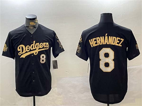 Los Angeles Dodgers #8 Enrique Hern¨¢ndez Black Gold 2024 World Series With Fernando Memorial Patch Home Limited Stitched Baseball Jersey
