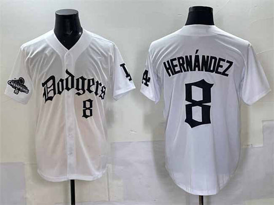 Los Angeles Dodgers #8 Enrique Hern¨¢ndez White 2025 LA Gothic Style With 2024 World Series Champions Patch Vapor Premier Limited Stitched Baseball Jersey