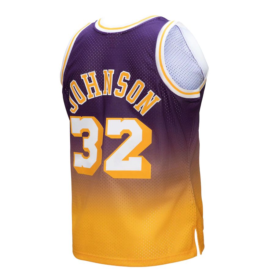 LA.Lakers #32 Magic Johnson Mitchell & Ness 1984-85 Hardwood Classics Fadeaway Swingman Player Jersey Gold Purple Stitched American Basketball Jersey UNEC