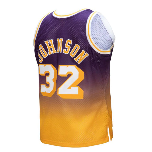 LA.Lakers #32 Magic Johnson Mitchell & Ness 1984-85 Hardwood Classics Fadeaway Swingman Player Jersey Gold Purple Stitched American Basketball Jersey UNEC