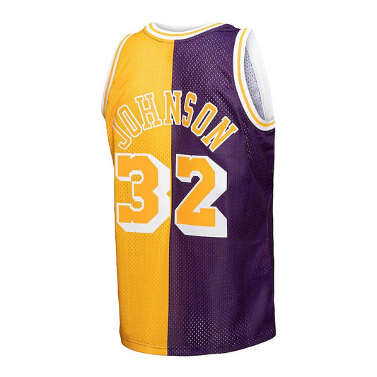 LA.Lakers #32 Magic Johnson Mitchell & Ness Big & Tall Hardwood Classics 1984-85 Split Swingman Jersey Purple Gold Stitched American Basketball Jersey UNEC