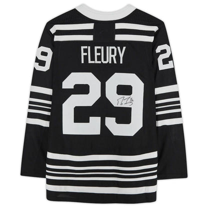 C.Blackhawks #29 Marc-Andre Fleury Fanatics Authentic Autographed Black Authentic Jersey Black Stitched American Hockey Jersey UNEC