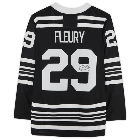C.Blackhawks #29 Marc-Andre Fleury Fanatics Authentic Autographed Black Authentic Jersey Black Stitched American Hockey Jersey UNEC