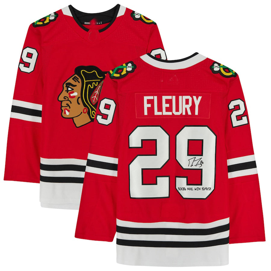 C.Blackhawks #29 Marc-Andre Fleury Authentic Autographed Red Jersey with 500th Win 12-9-21 Inscription Red Stitched American Hockey Jersey UNEC