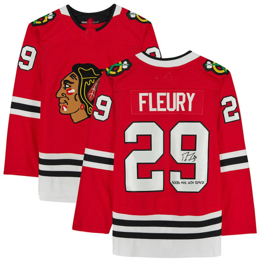 C.Blackhawks #29 Marc-Andre Fleury Authentic Autographed Red Jersey with 500th Win 12-9-21 Inscription Red Stitched American Hockey Jersey UNEC