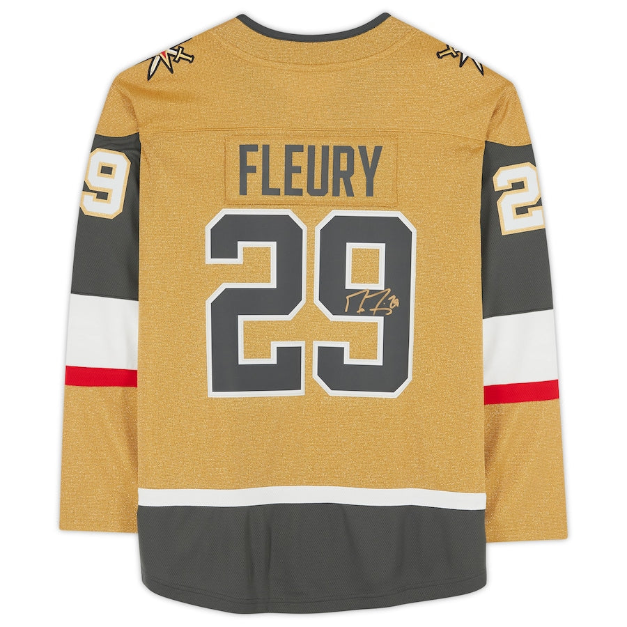 V.Golden Knights #29 Marc-Andre Fleury Fanatics Authentic Autographed Gold Alternate Breakaway Jersey Stitched American Hockey Jersey UNEC