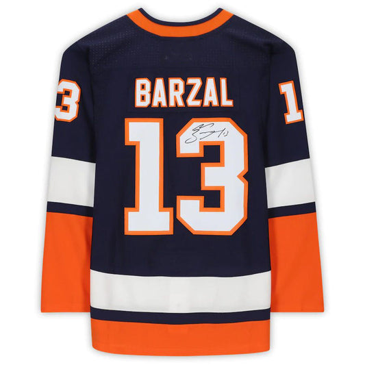 NY.Islanders #13 Mathew Barzal Fanatics Authentic Autographed 2020-21 Reverse Retro Nary Stitched American Hockey Jersey UNEC
