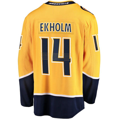 N.Predators #14 Mattias Ekholm Fanatics Branded Home Breakaway Jersey Gold Stitched American Hockey Jersey UNEC