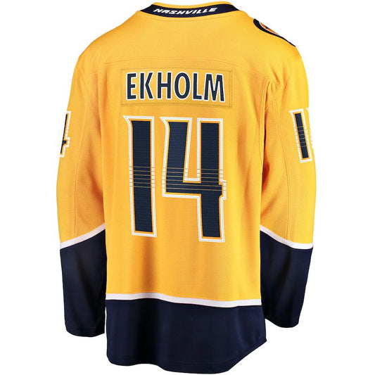 N.Predators #14 Mattias Ekholm Fanatics Branded Home Breakaway Jersey Gold Stitched American Hockey Jersey UNEC