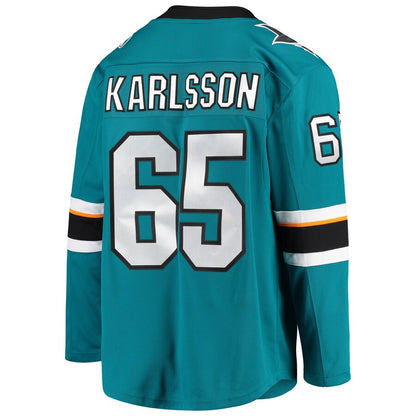 SJ.Sharks #65 Melker Karlsson Fanatics Branded Breakaway Home Player Jersey  Teal Stitched American Hockey Jersey UNEC