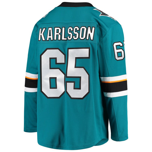 SJ.Sharks #65 Melker Karlsson Fanatics Branded Breakaway Home Player Jersey  Teal Stitched American Hockey Jersey UNEC