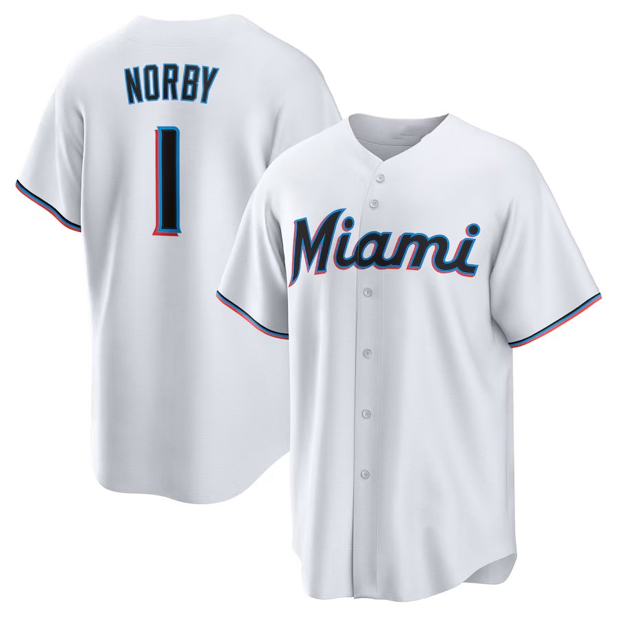 Miami Marlins #1 Connor Norby Home Replica Jersey - White Stitched Baseball Jersey