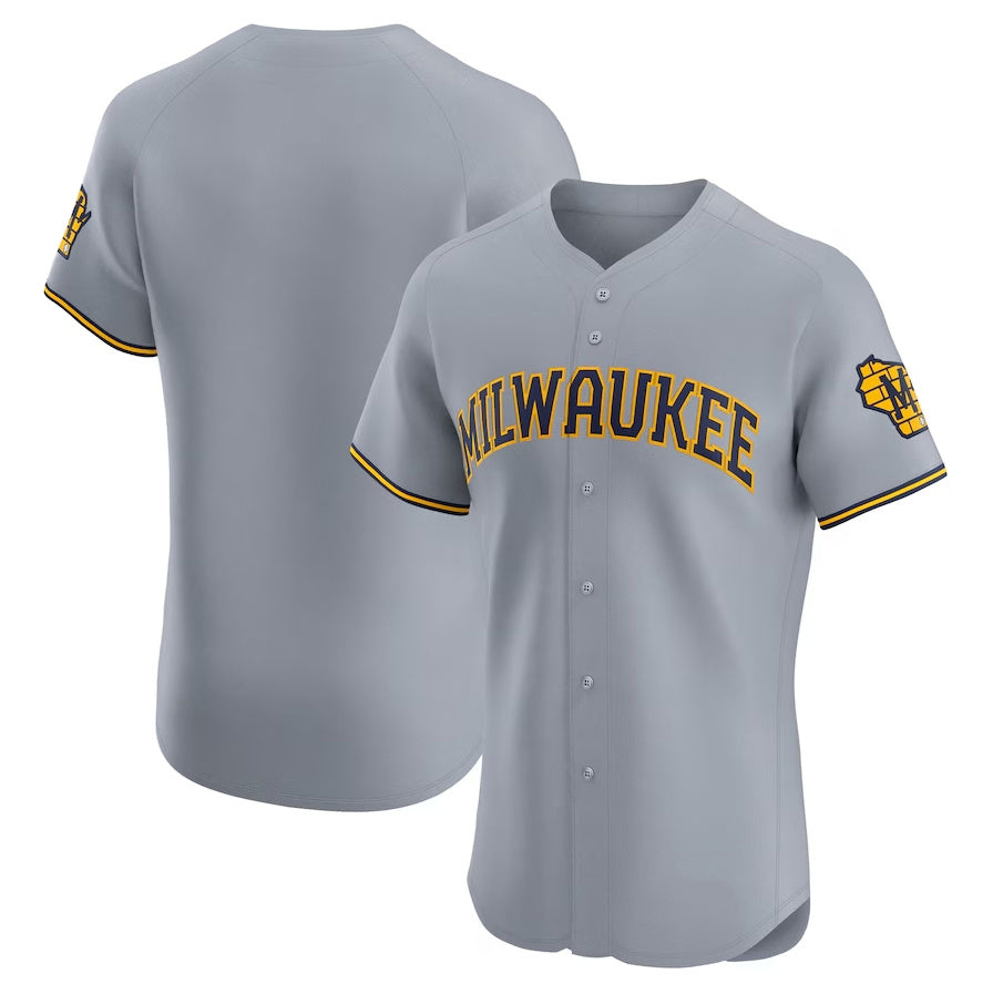 Milwaukee Brewers Road Vapor Premier Elite Patch Jersey - Gray Stitched Baseball Jersey