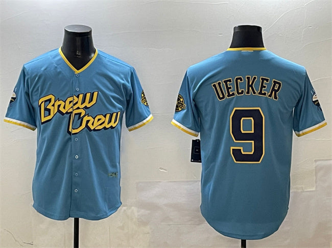 Milwaukee Brewers #9 Bob Uecker Powder Blue City Connect With Patch Cool Base Stitched Baseball Jersey