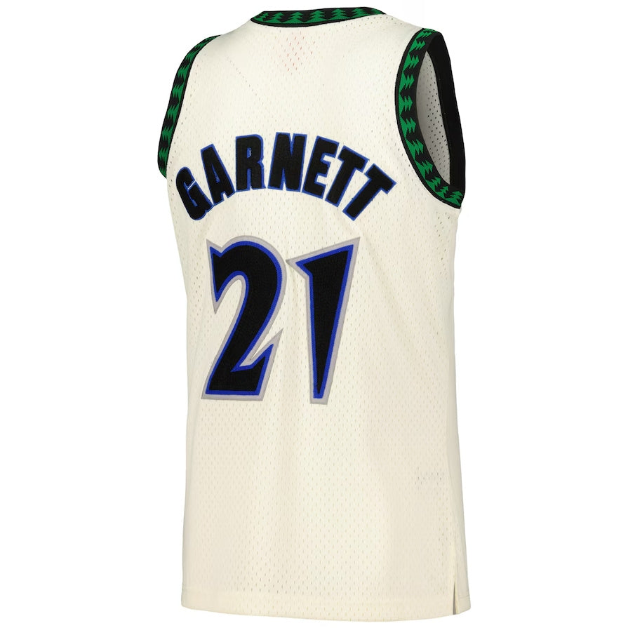 M.Timberwolves #21 Kevin Garnett Mitchell & Ness Chainstitch Swingman Jersey - Cream Stitched American Basketball Jersey UNEC