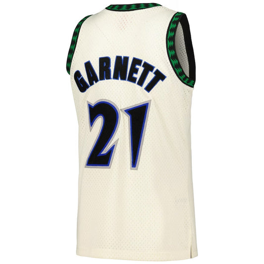 M.Timberwolves #21 Kevin Garnett Mitchell & Ness Chainstitch Swingman Jersey - Cream Stitched American Basketball Jersey UNEC