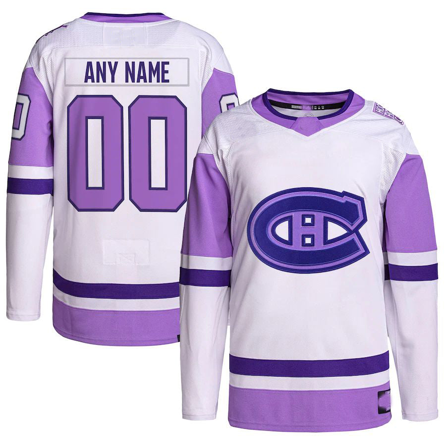 Custom M.Canadiens Hockey Fights Cancer Primegreen Authentic Jersey  White Purple Stitched American Hockey Jersey UNEC