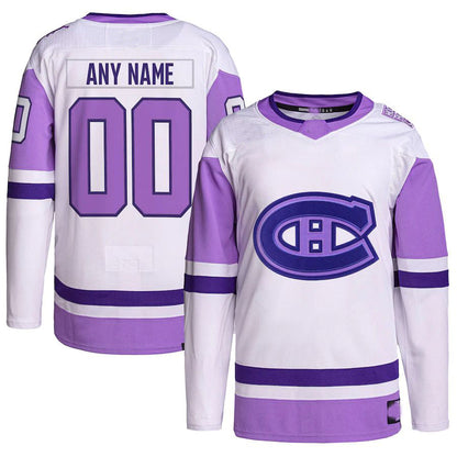 Custom M.Canadiens Hockey Fights Cancer Primegreen Authentic Jersey  White Purple Stitched American Hockey Jersey UNEC