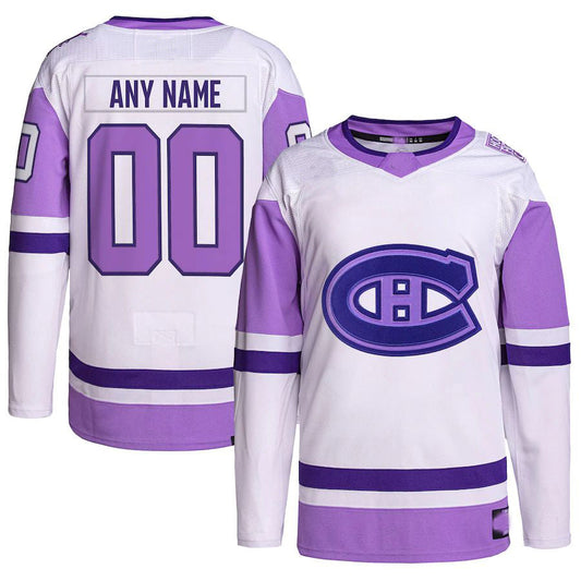 Custom M.Canadiens Hockey Fights Cancer Primegreen Authentic Jersey  White Purple Stitched American Hockey Jersey UNEC