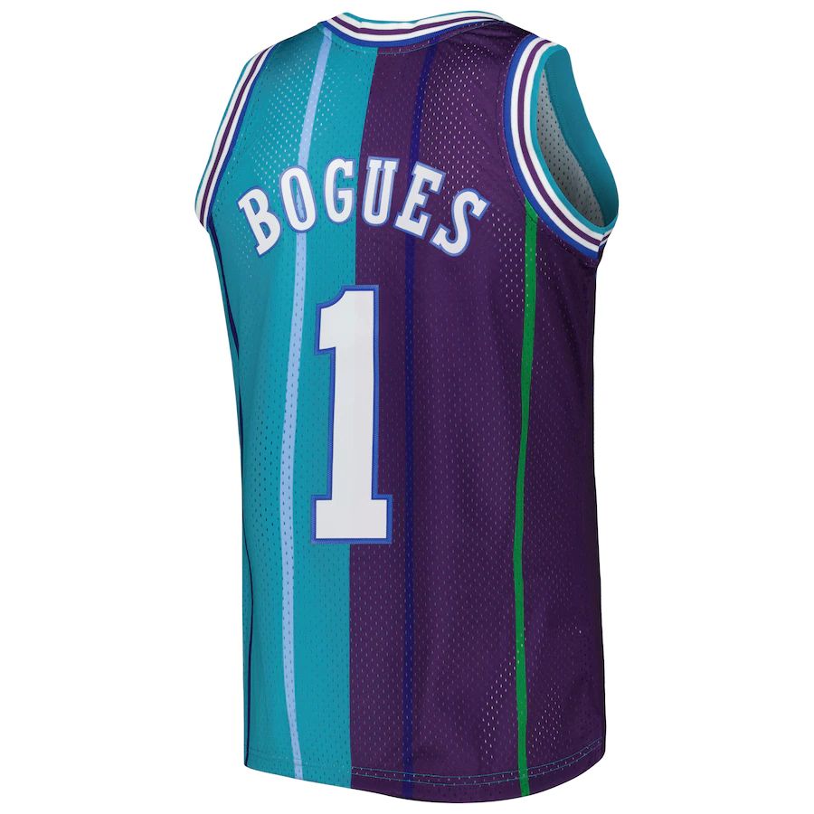 C.Hornets #1 Muggsy Bogues Mitchell & Ness Hardwood Classics 1992-93 Split Swingman Jersey Teal Purple Stitched American Basketball Jersey UNEC