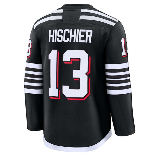 NJ.Devils #13 Nico Hischier Fanatics Alternate Premium Jersey - Black Stitched American Hockey Jersey UNEC