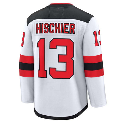 NJ.Devils #13 Nico Hischier Fanatics Away Premium Jersey - White Stitched American Hockey Jersey UNEC