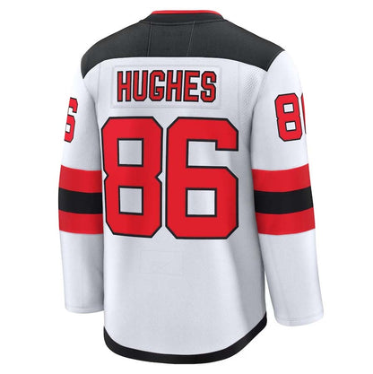 NJ.Devils #86 Jack Hughes Fanatics Away Premium Jersey - White Stitched American Hockey Jersey UNEC