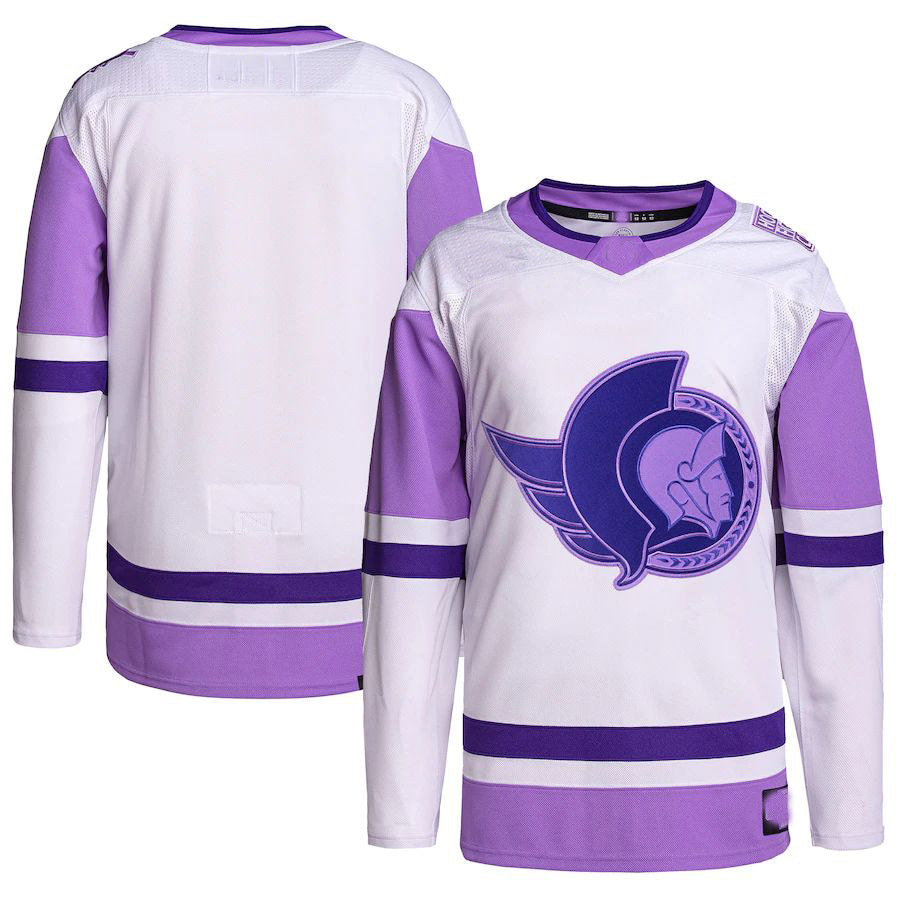 O.Senators Hockey Fights Cancer Primegreen Authentic Blank Practice Jersey White Purple Stitched American Hockey Jersey UNEC