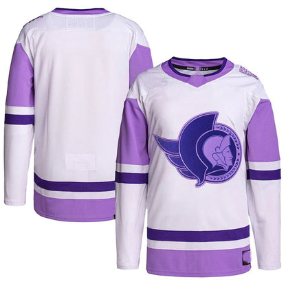 O.Senators Hockey Fights Cancer Primegreen Authentic Blank Practice Jersey White Purple Stitched American Hockey Jersey UNEC