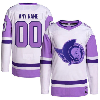 Custom O.Senators Hockey Fights Cancer Primegreen Authentic Jersey White Purple Stitched American Hockey Jersey UNEC