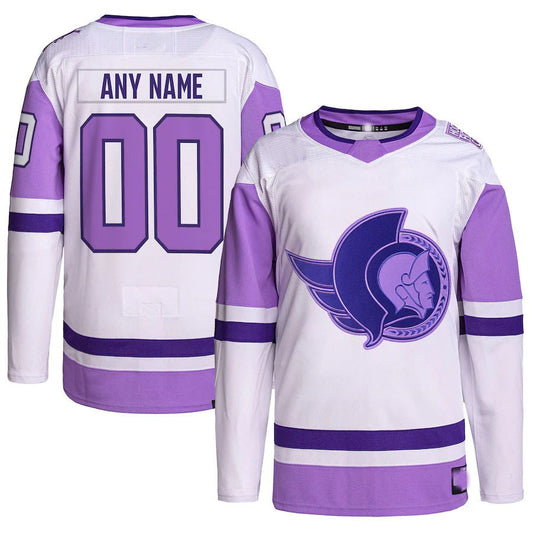 Custom O.Senators Hockey Fights Cancer Primegreen Authentic Jersey White Purple Stitched American Hockey Jersey UNEC