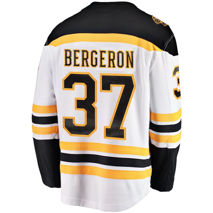 B.Bruins #37 Patrice Bergeron Fanatics Branded Away Captain Premier Breakaway Player Jersey White Black Stitched American Hockey Jersey UNEC