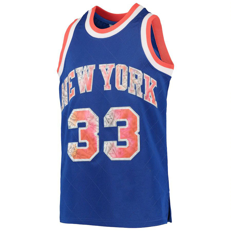 NY.Knicks #33 Patrick Ewing Blue Mitchell & Ness  Hardwood Classics 75th Anniversary Diamond Jersey Stitched American Basketball Jersey UNEC