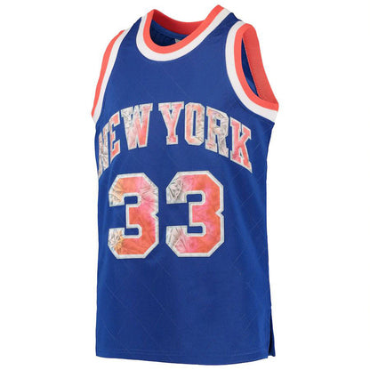 NY.Knicks #33 Patrick Ewing Blue Mitchell & Ness  Hardwood Classics 75th Anniversary Diamond Jersey Stitched American Basketball Jersey UNEC
